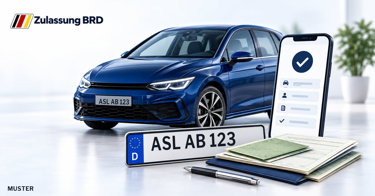 Online Fahrzeugzulassung in Staßfurt: Musterkennzeichen ASL AB 123, Auto und Fahrzeugpapiere und Smartphone. Illustration mit Logo von Zulassung BRD.